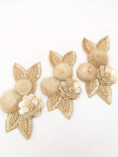 Beige Hand Embroidered Floral Applique, Beaded and Sequins Applique